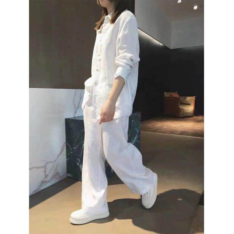 推荐松弛感棉麻长袖衬衫时尚套装女春秋休闲亚麻阔腿长裤穿搭两件