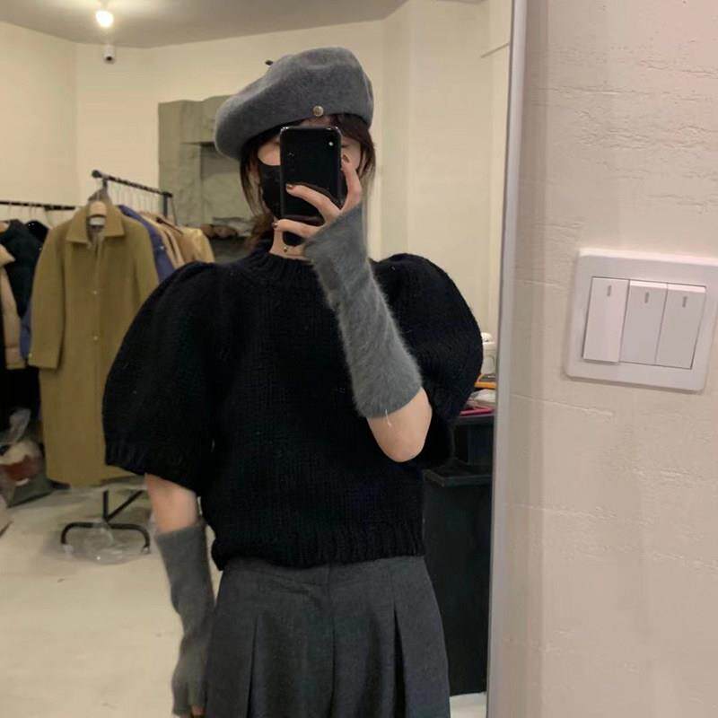 推荐红色短袖毛衣女春秋欧货爆款纯色针织衫泡泡灯笼袖T恤上衣打
