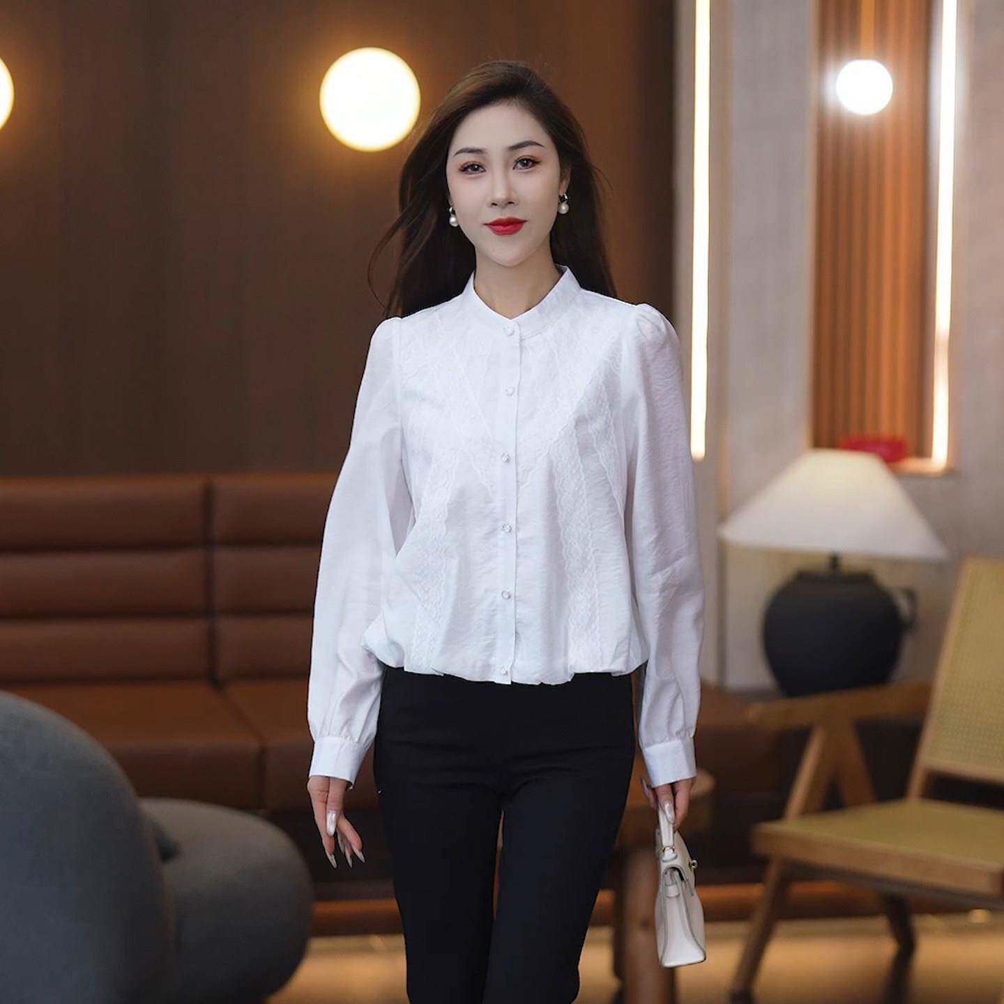 推荐法式立领蕾丝拼接衬衫女2026春秋新款小众设计感宽松显瘦长袖