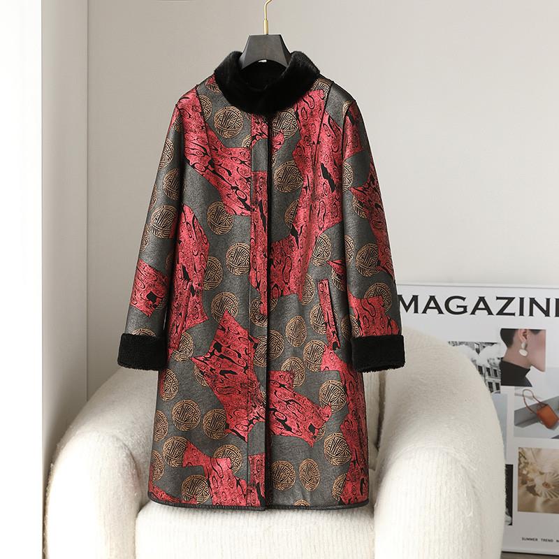 新品妈妈羊剪绒大衣女中长款水貂毛领复合皮毛一体印花中老年皮草