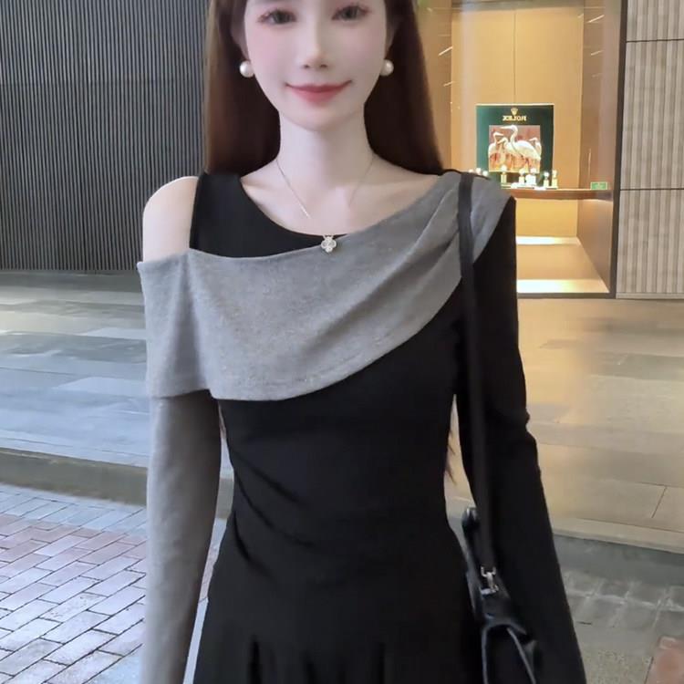 推荐时髦撞色拼接不规则露肩长袖T恤女2026秋冬新款假两件高级感
