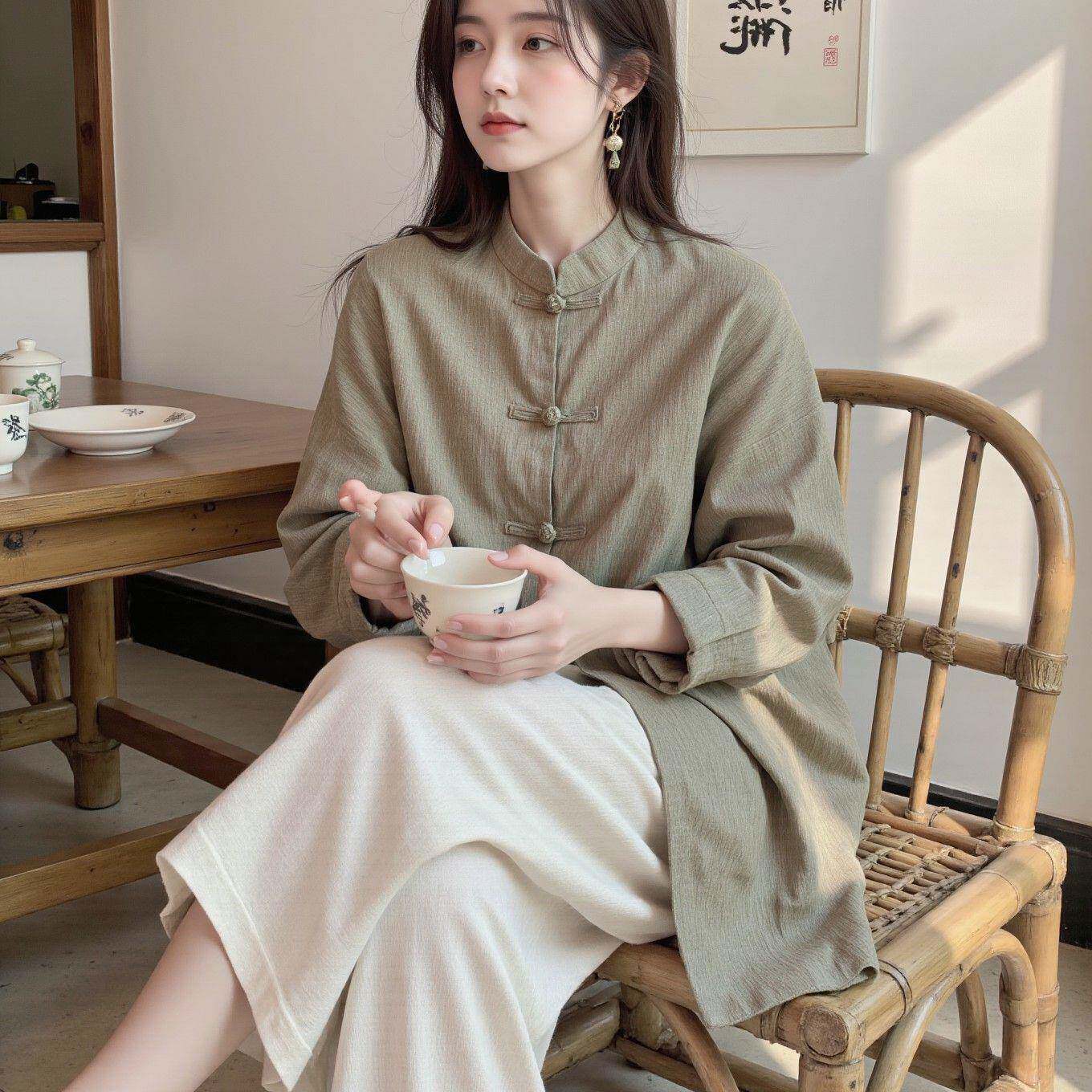 推荐佛系禅意素色宽松休闲茶服衫女式中长款棉麻长袖衬衫阔腿裤两