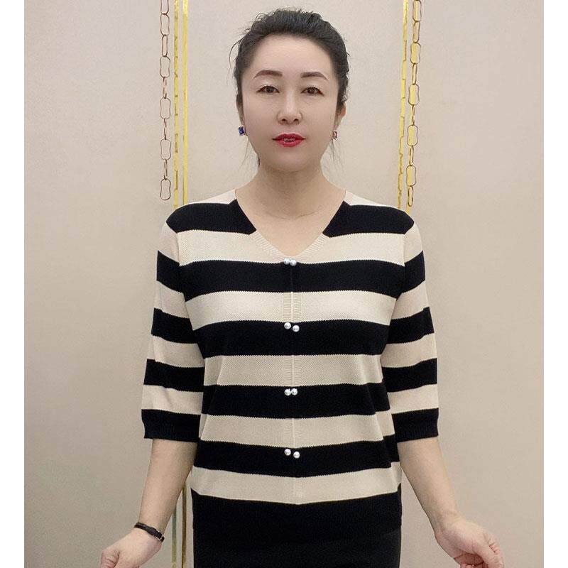 推荐时尚V领条纹七分袖针织衫女2026春季新款宽松休闲百搭妈妈装