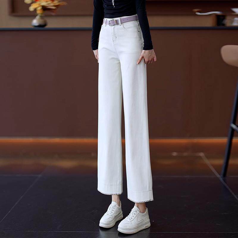 新品白色时尚牛仔阔腿裤女春秋2025年新款高腰宽松小个子九分直筒