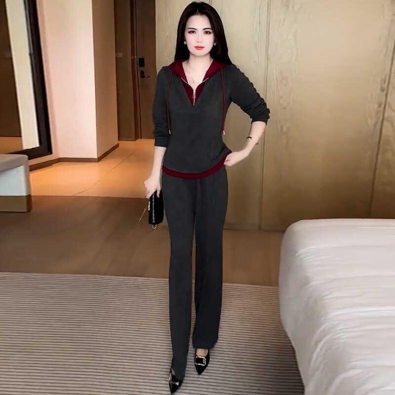 推荐时尚休闲套装女秋季新款时髦洋气显瘦假两件连帽卫衣阔腿裤两