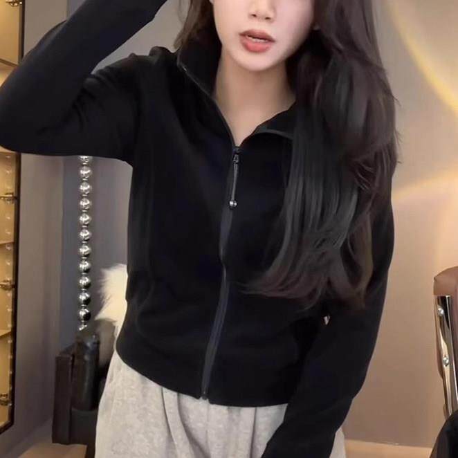 推荐磨毛拉链卫衣女士春秋新款德绒立领纯色上衣高级感小个子开衫