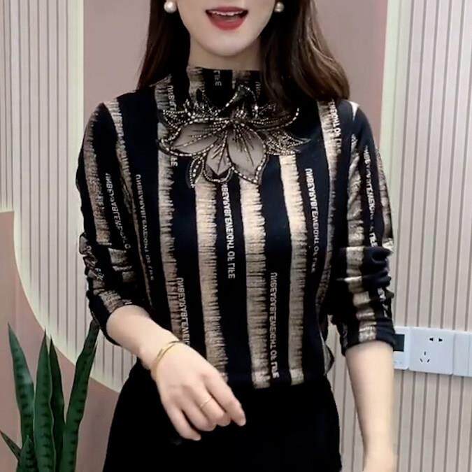 推荐半高领网纱拼接德绒打底衫春秋新款妈妈时尚内搭长袖t恤洋气