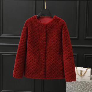 新品小个子短款羊剪绒大衣时尚压花多色100%纯羊毛外套复合皮毛一