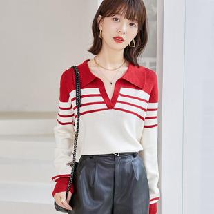 新品polo领条纹长袖针织衫女士秋冬新款撞色套头毛衣薄款内搭打底