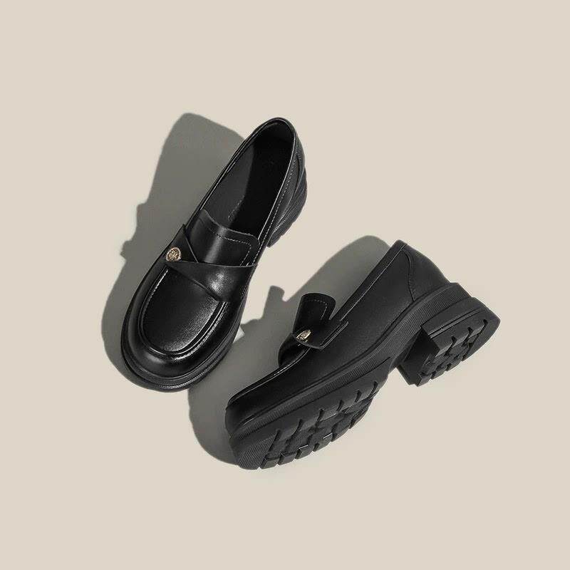 新品内增高金币乐福鞋女春2026新款英伦风厚底一脚蹬小个子黑色小