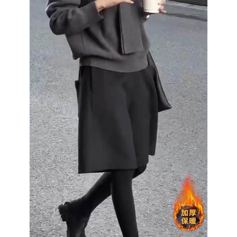 推荐大码黑色加厚毛呢短裤女秋季宽松直筒五分裤胖mm时尚通勤风阔