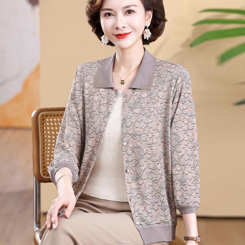 推荐2026新款妈妈春装七分袖开衫翻领冰丝印花薄外套中老年女小衫
