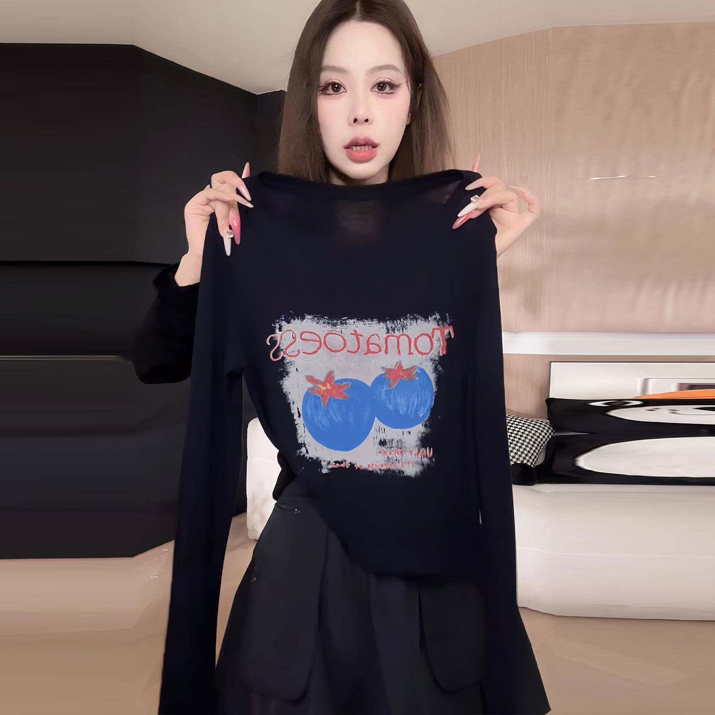 推荐大码韩系印花长袖T恤女初秋胖mm宽松通勤百搭显瘦薄款打底衫
