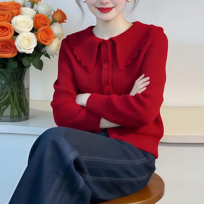 推荐法式别致绝美红色毛衣外套女2026秋季复古时尚减龄娃娃领针织