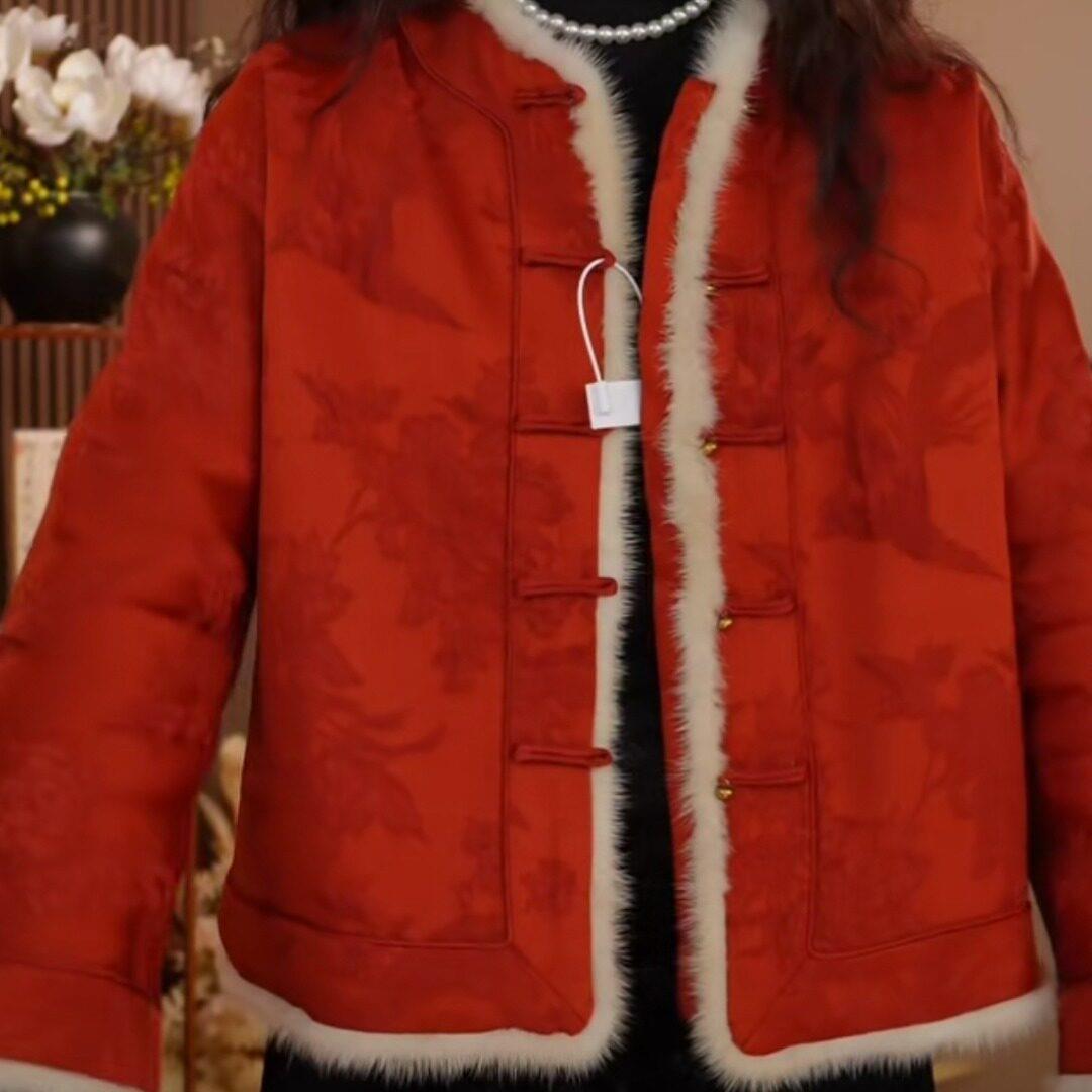推荐新中式红色喜庆加厚保暖提花棉服复古盘扣高级感棉衣国风气质图片