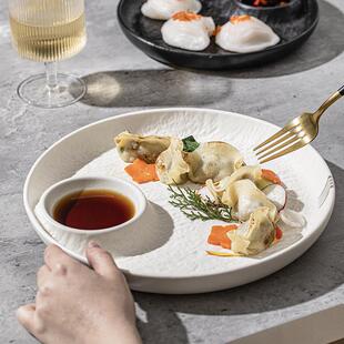 圆形水饺盘子带醋碟吃水饺专用盘水饺蘸料碟子调料分格盘薯条盘子