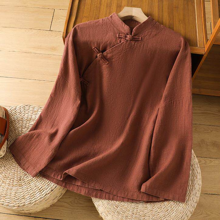 推荐中式复古斜襟盘扣茶服衫上衣女式宽松休闲长袖练功服两件套装