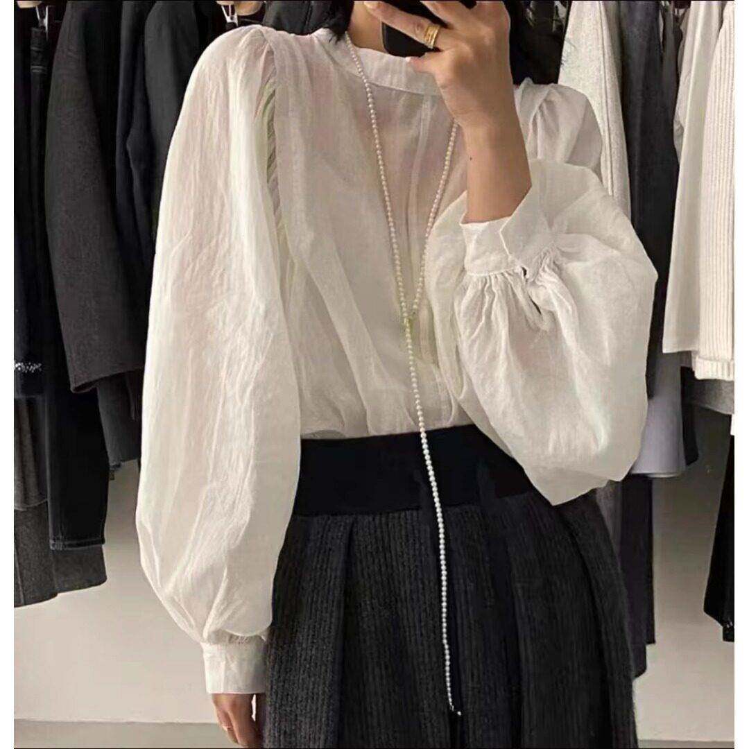推荐高级感亚麻灯笼袖棉白色麻衬衫女秋季减龄小众洋气泡泡袖防晒
