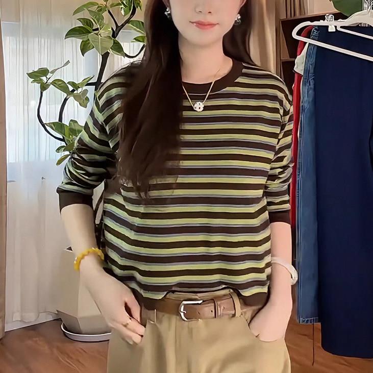 推荐长袖T恤女2026秋季新款韩版宽松圆领条纹撞色打底衫洋气百搭