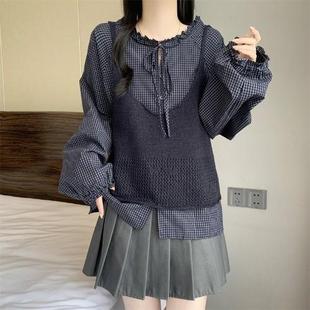 新品美拉德咖色格子正肩长袖衬衫女2025秋大码胖mm马甲叠穿上衣两