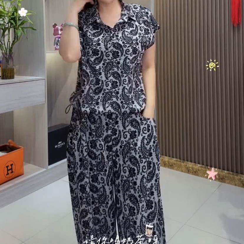 推荐休闲通勤印花翻领抽绳短袖加裤子两件套女新款遮肉显瘦中老年