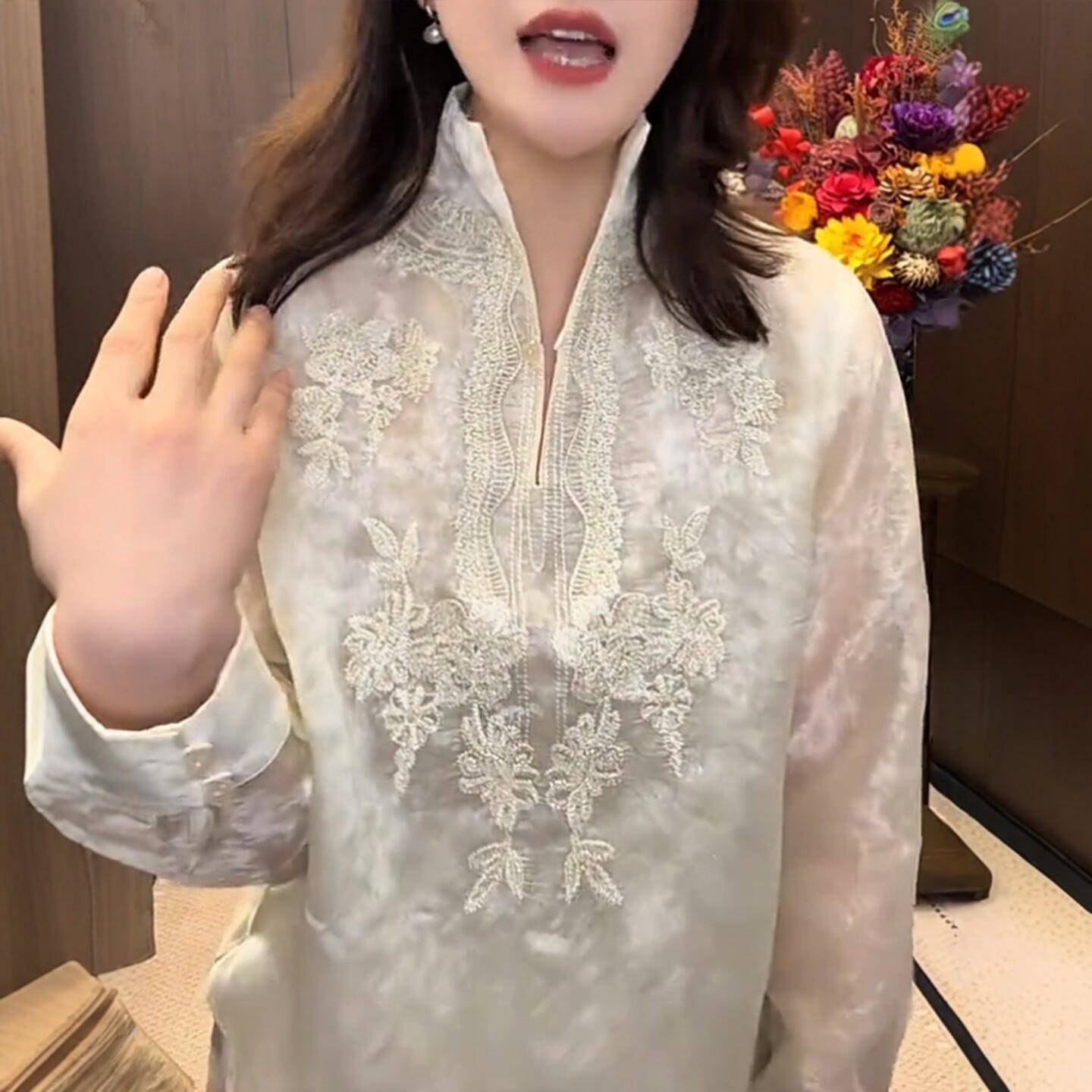 推荐气质显瘦衬衣春季新款M时尚百搭妈妈装复古新中式国风立领上