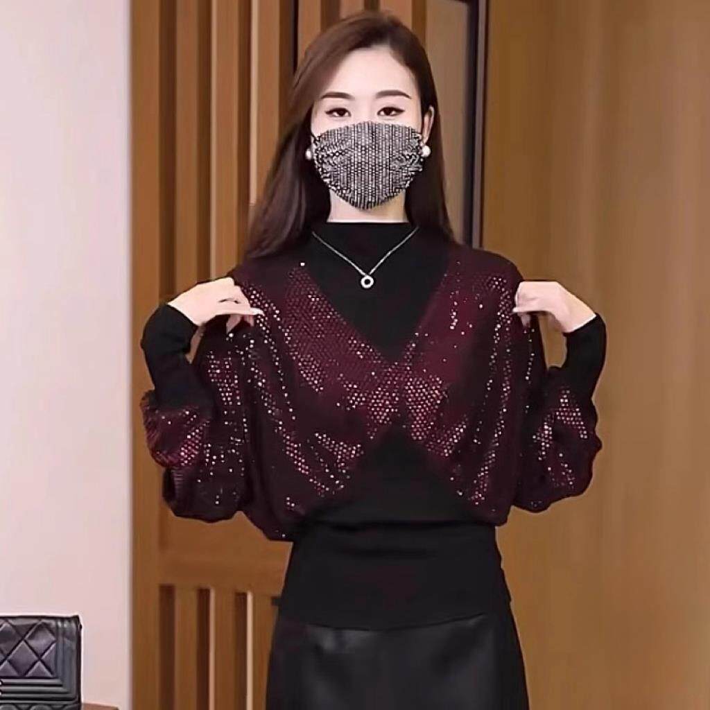 推荐亮晶晶t恤女士宽松显瘦蝙蝠衫上衣秋冬新款洋气小衫小个子打