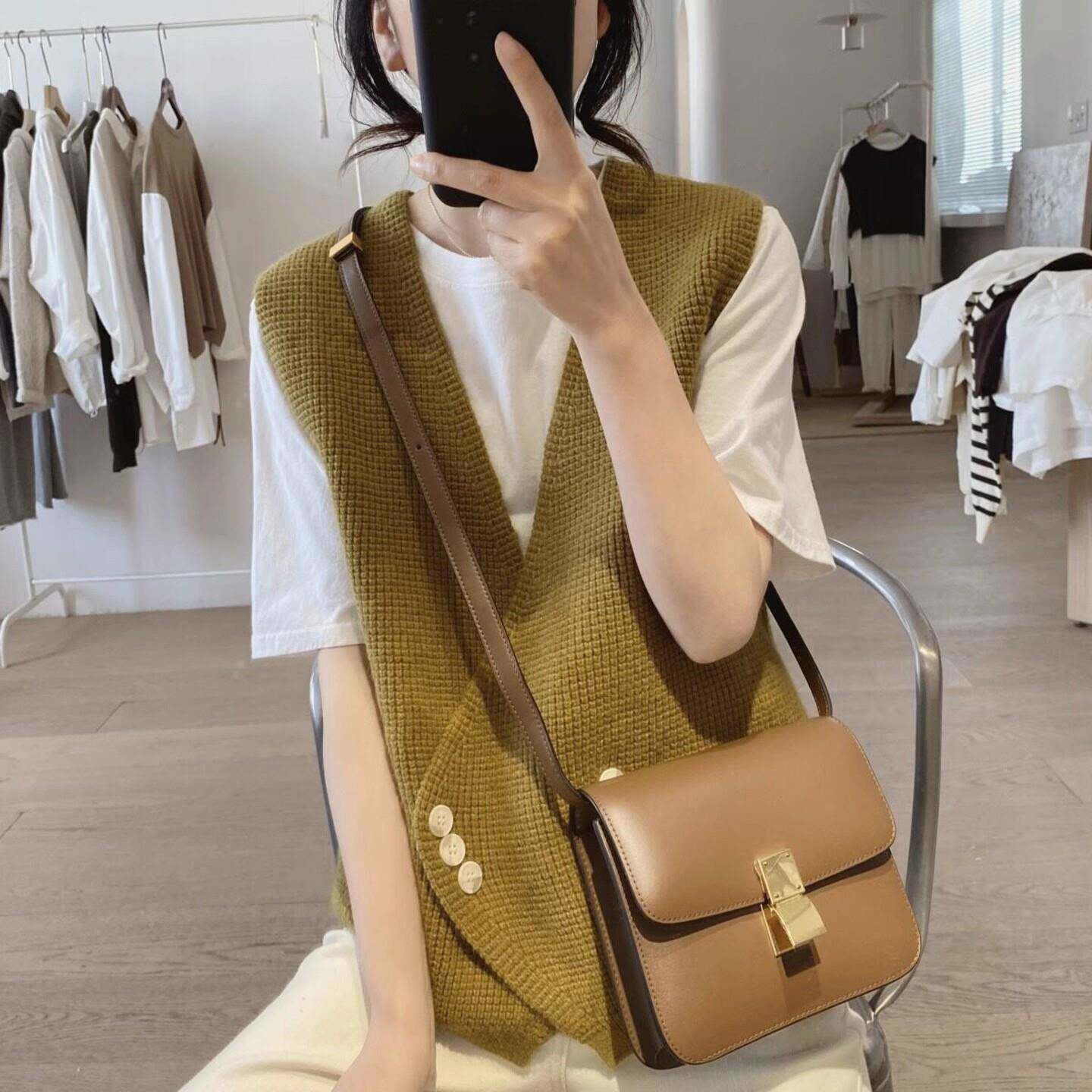 推荐韩版时尚v领针织马甲女春秋百搭无袖毛衣坎肩宽松减龄马夹上
