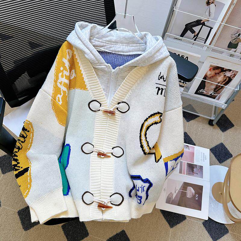 新品设计感连帽毛衣针织开衫女秋冬季高中初中学生宽松慵懒风加厚