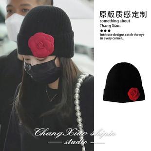 jennie金智妮痞幼同款帽子秋冬针织帽女休闲可爱山茶花保暖毛线帽