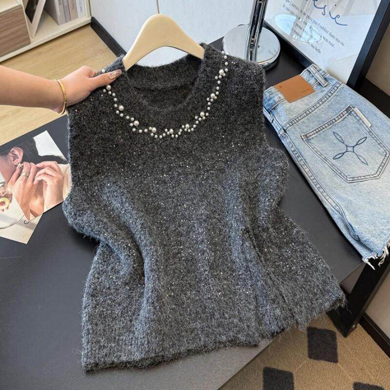 新品重工钉珠针织背心马甲女外搭春秋大码胖mm显瘦叠穿设计感开叉