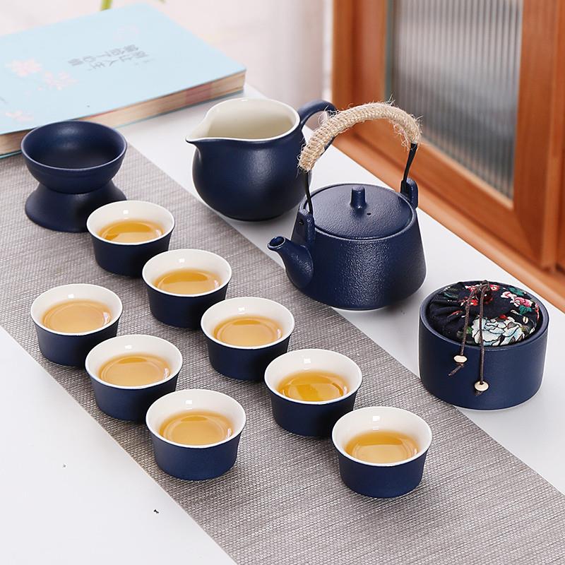 功夫茶具套装陶瓷磨砂蓝色简约家用轻奢现代高档提梁茶壶盖碗日式