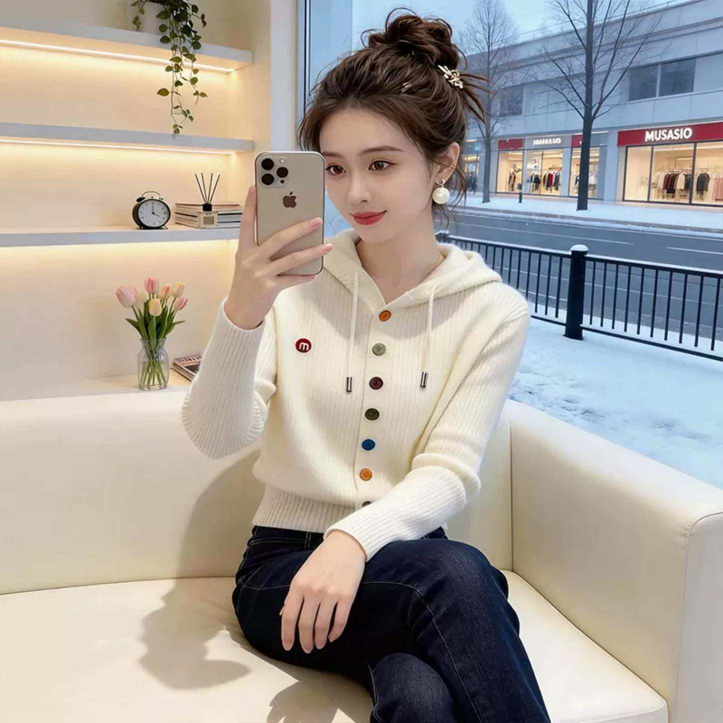 推荐韩系连帽彩扣针织开衫女毛衣秋冬季2026新款宽松软糯外套气质