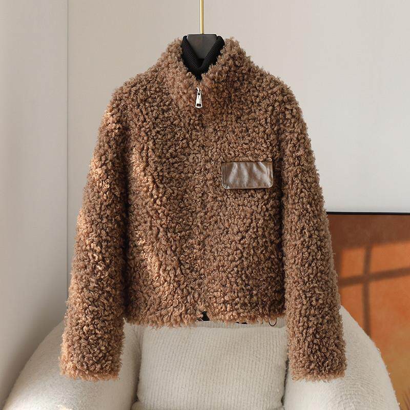 新品2024冬新款羊剪绒皮毛一体外套女颗粒羊羔毛短款立领海宁皮草