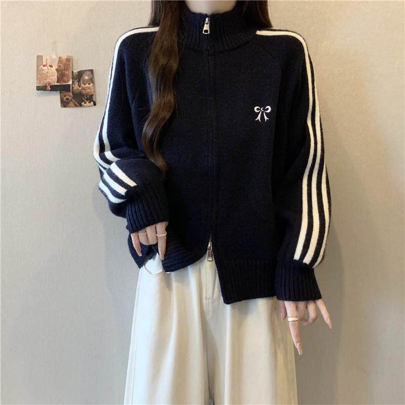 新品超火立领条纹毛衣外套女春秋2025大码胖mm短款双拉链针织开衫