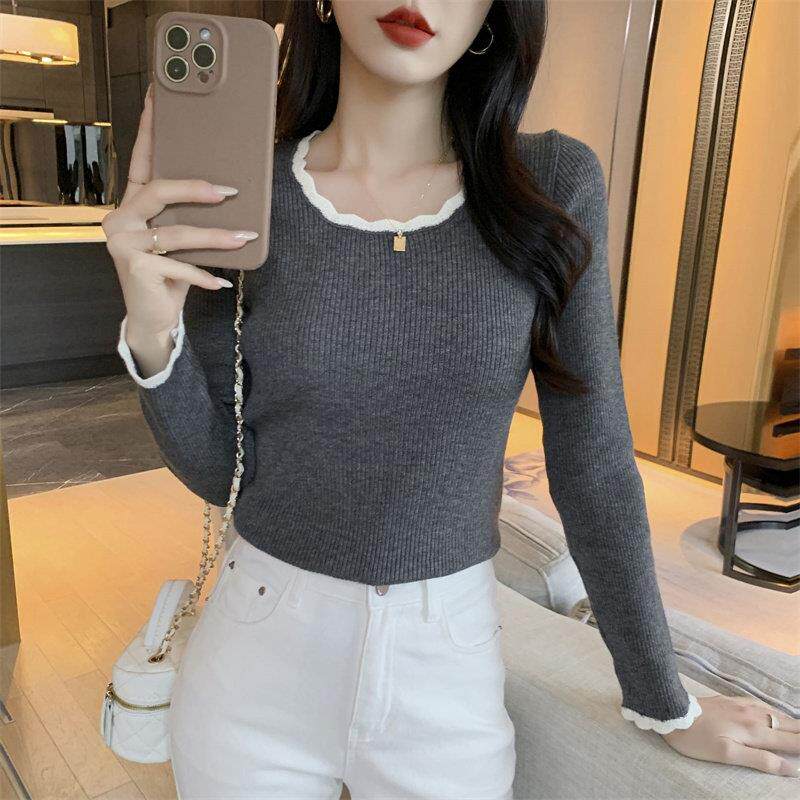 推荐秋装新款修身内搭毛衣女打底衫木耳边短款别致百搭chic针织上