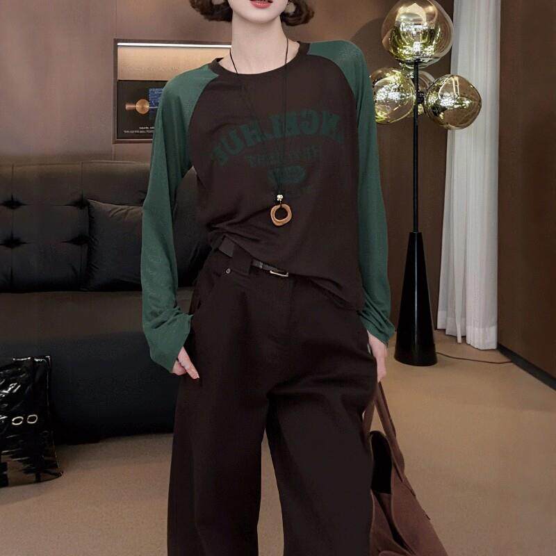 推荐纯棉插肩印花长袖t恤女2026新款早秋大码胖MM显瘦宽松上衣打