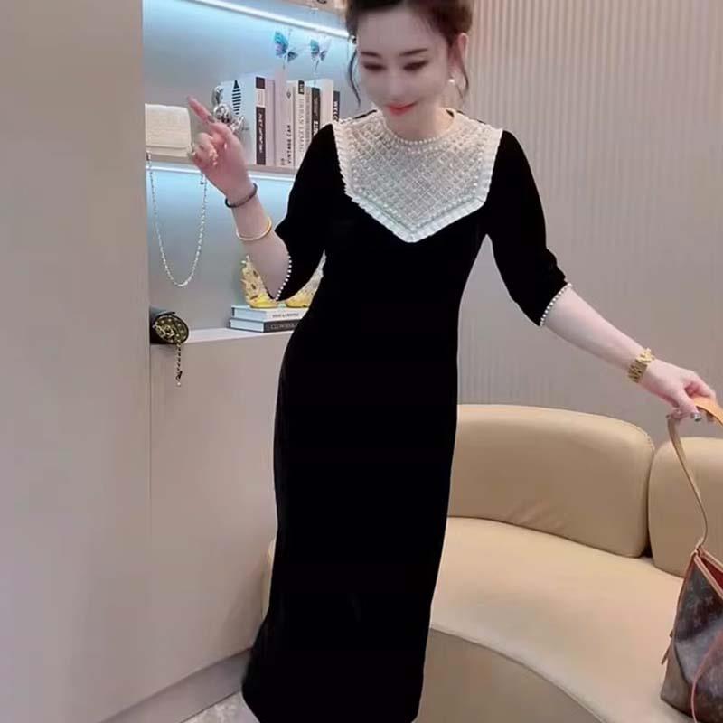 推荐2026春秋季款欧货丝绒连衣裙女减龄重工钉珠气质名媛五分袖礼