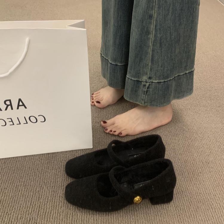 推荐法式高级感灰色毛呢玛丽珍鞋女秋冬加绒保暖棉鞋一字扣带粗跟