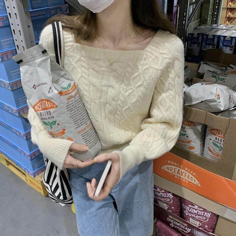 新品小众灯笼袖麻花毛衣女设计感秋冬日系慵懒风外穿针织打底衫女