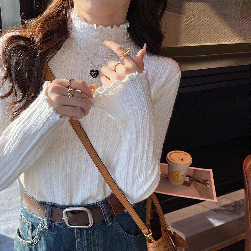 推荐高级感修身木耳边半高领打底衫女毛衣秋冬2026新款百搭洋气针