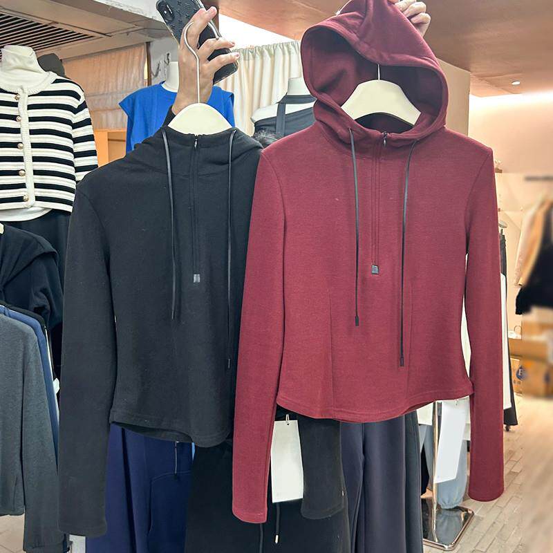 新品立领连帽卫衣女秋冬季2025新款拉链设计感修身内搭打底衫长袖