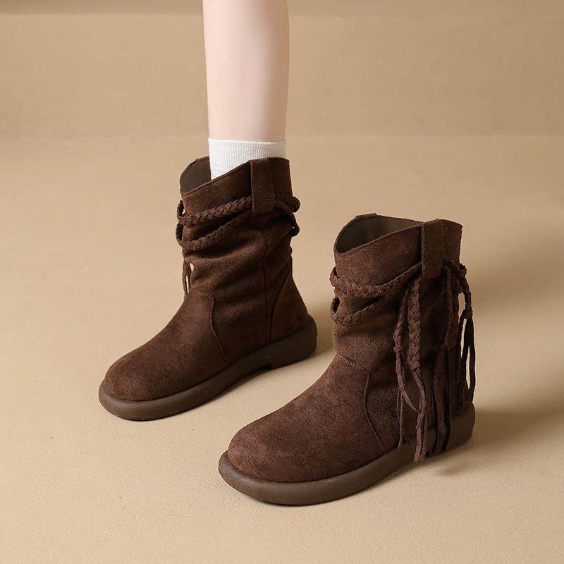 新品马丁靴女款2025秋季真皮显瘦堆堆中筒靴平底复古旅游西部牛仔