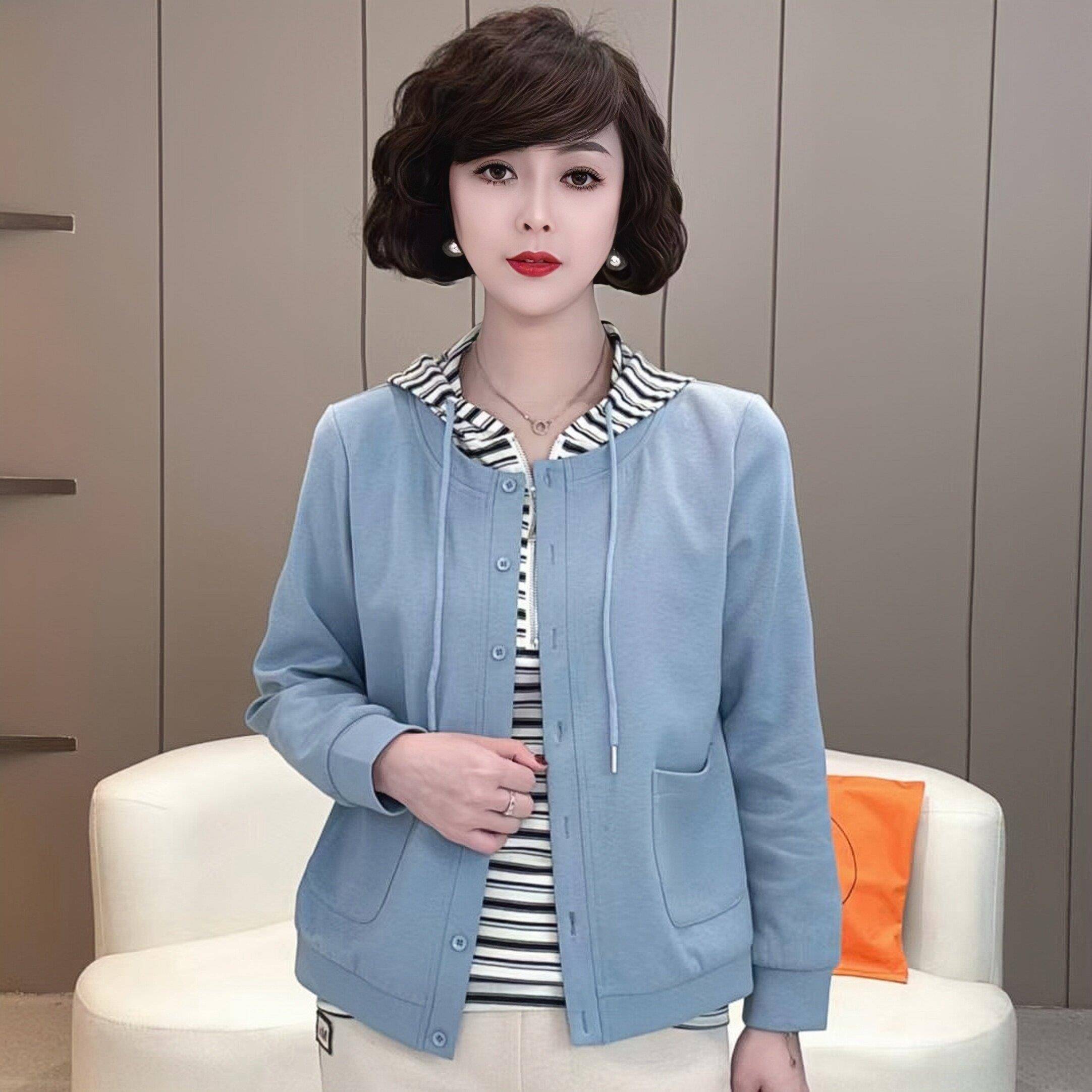 推荐中老年女装妈妈春装上衣2026新款时尚小衫洋气休闲假两件连帽