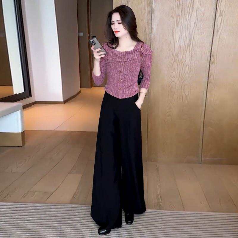推荐时尚洋气套装女2026年春季新款气质一字肩T恤打底衫阔腿裤两