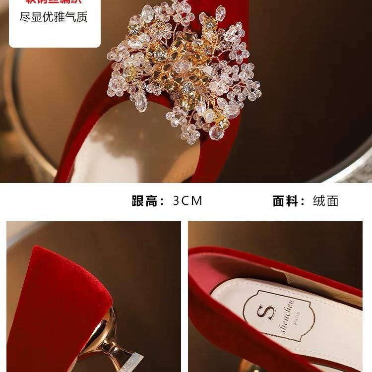 推荐红色低跟婚鞋新娘鞋女尖头高级感敬酒秀禾小跟高跟鞋不累脚