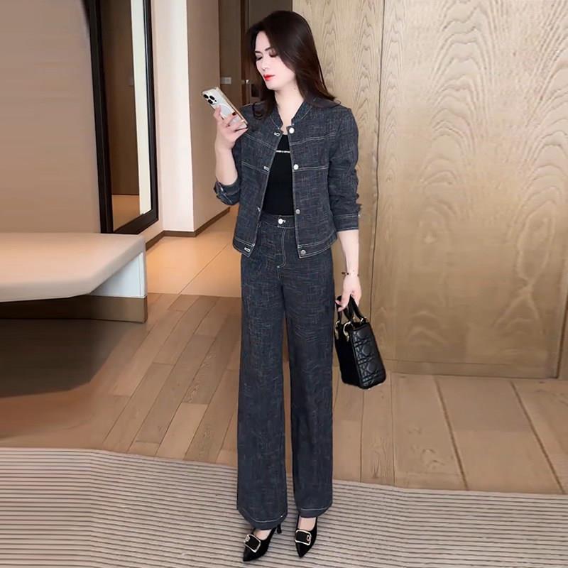 推荐时尚复古牛仔套装女2026春季新款洋气时髦短款外套阔腿裤两件