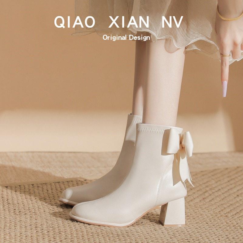 推荐早春版~粗跟瘦瘦马丁靴高跟加绒白色婚鞋伴娘短靴女鞋靴女皮
