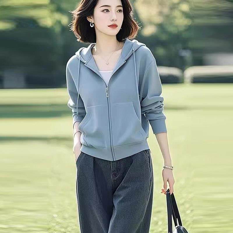 推荐休闲简约纯色连帽卫衣女春季新款小众百搭宽松显瘦拉链上衣外