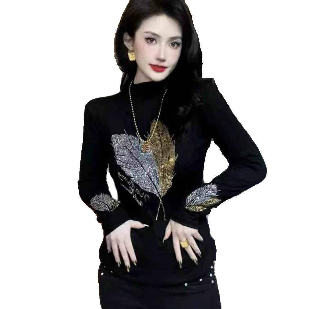 推荐磨毛半高领烫钻打底衫女士2026春秋新款时尚洋气亮钻内搭t恤